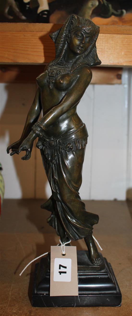 After Eugene Marioton (1854-1933), bronze figure of a dancer in Egyptian costume, stepped marble plinth